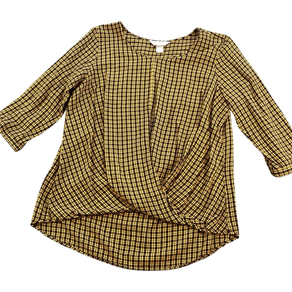 Christopher & Banks Cross Wrap Check Print Tan & Black Half Sleeve Blouse Medium